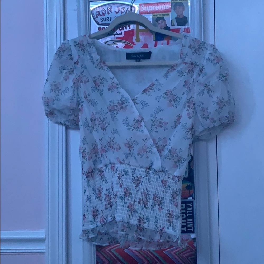 Women’s Small White Floral Cinch Waist Blouse